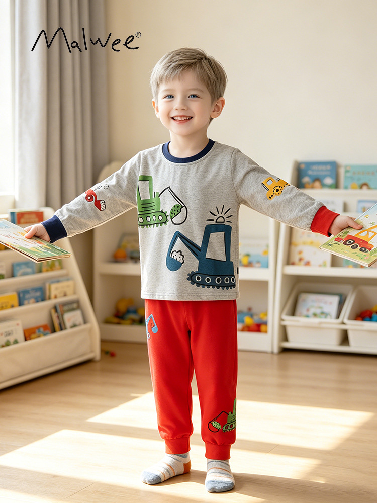 Malwee transfronterizo juego de niños otoño y invierno nuevo pijama de niños europeos y estadounidenses cuello redondo manga larga cintura elástica dos piezas