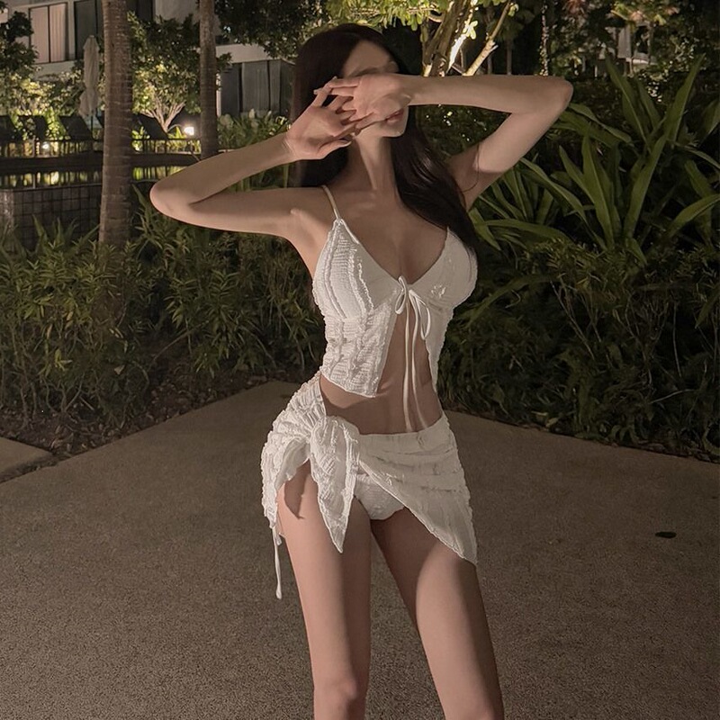 European and American 2026 New Style Women's Swimsuit, Super Sexy Strappy Bikini Three-Piece Set, Solid Color Beach Vacation Outfit