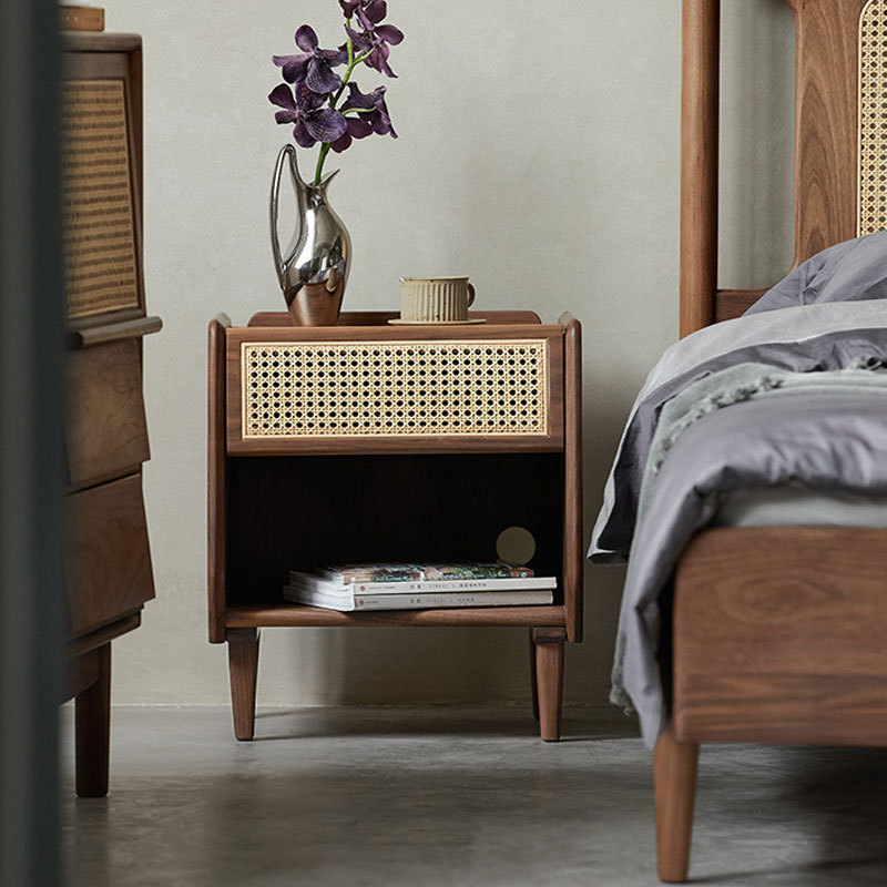 北欧黑胡桃全实木床头柜简约型风格小户型卧室床边藤编收纳储物柜