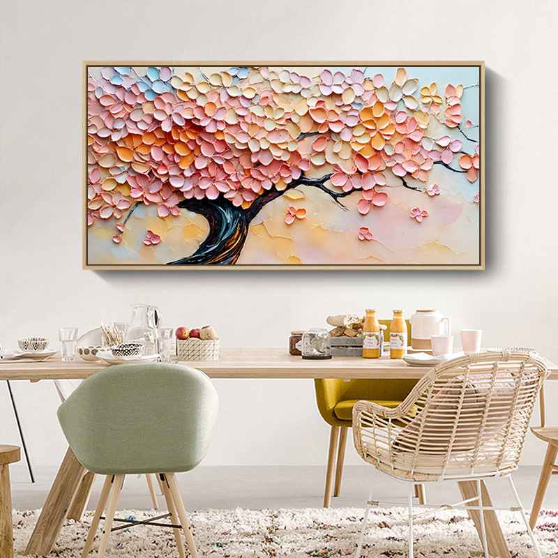客厅装饰画奶油风发财树横幅喷绘油画公寓民宿酒店卧室床头画壁画
