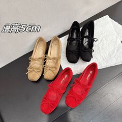 增高5CM蝴蝶结一字带方头芭蕾单鞋女2025新款晚晚风绒面玛丽珍鞋