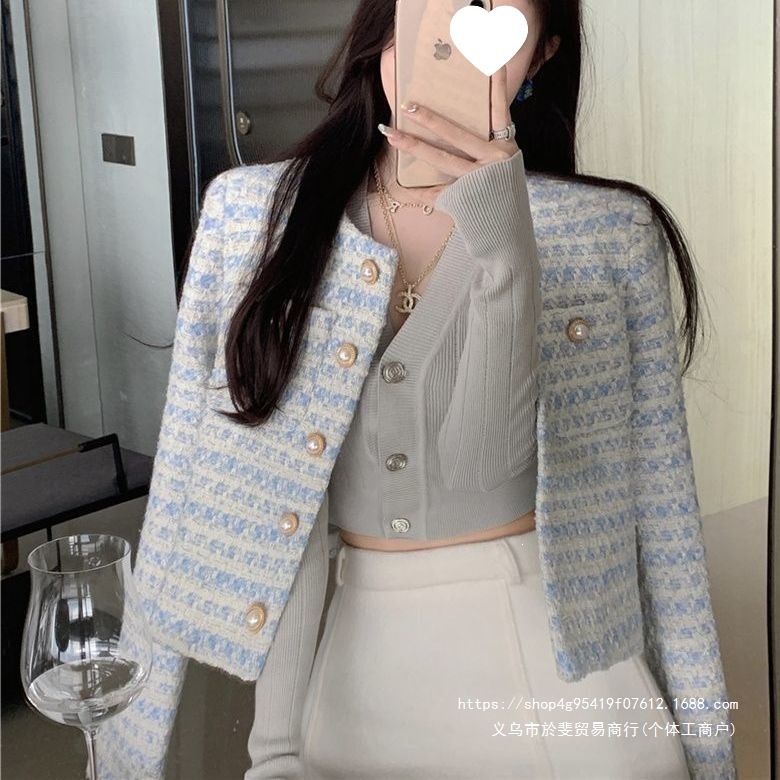 Women's Blue Chanel-Style Jacket, Spring/Autumn 2026, French Elegant Style, Pearl Button Tweed Short Jacket