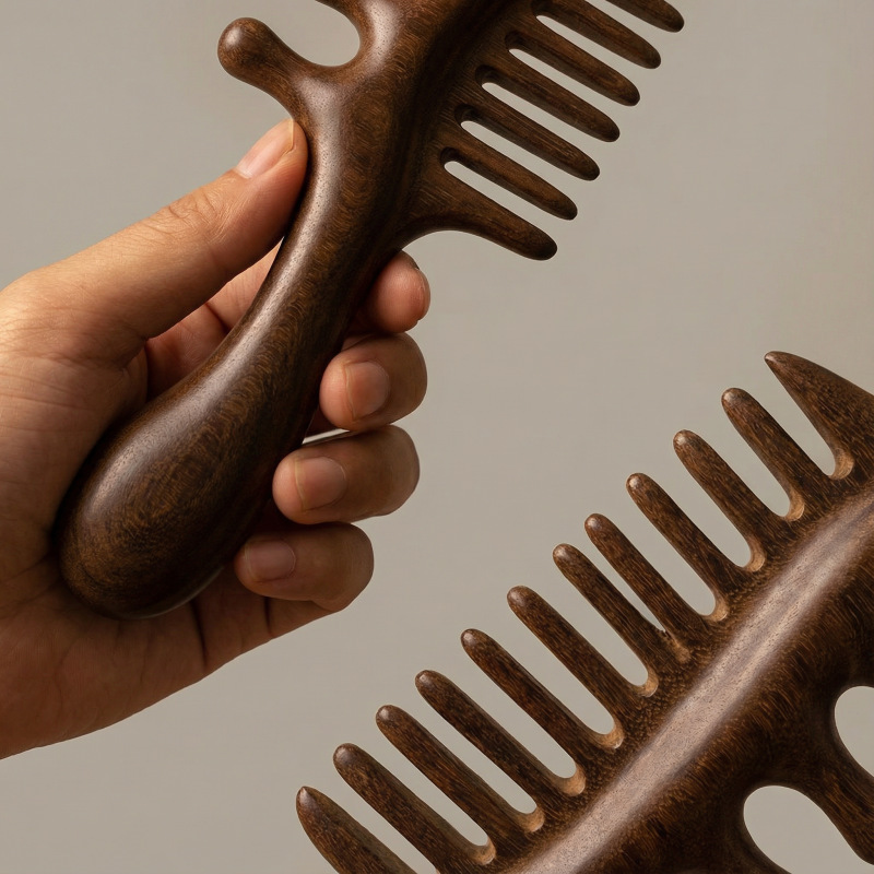 Sandalwood Meridian Massage Comb Wide Thick Teeth Double Sided Scalp Care 10-15cm overview