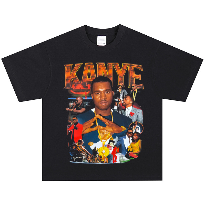 Kanye West Hip-Hop Rapper American Retro T-Shirt Small Neckline Distressed Short-Sleeved Vintage Trendy Long-Sleeved