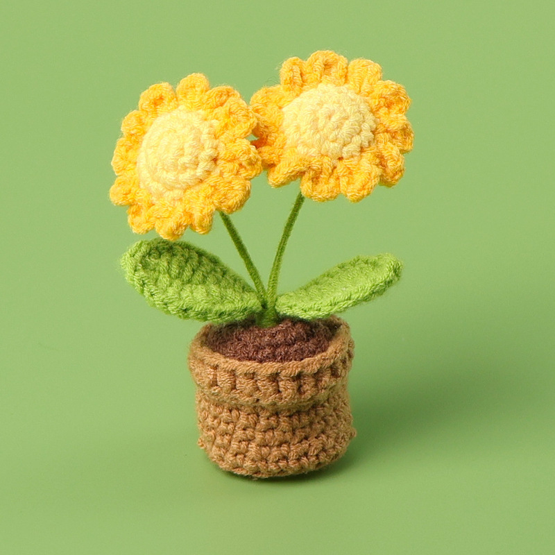 完成品クロスボーダー手作りウールかぎ針編み忘れなしひまわり模擬花鉢植えクリエイティブデスクトップ装飾品車の装飾造花|undefined