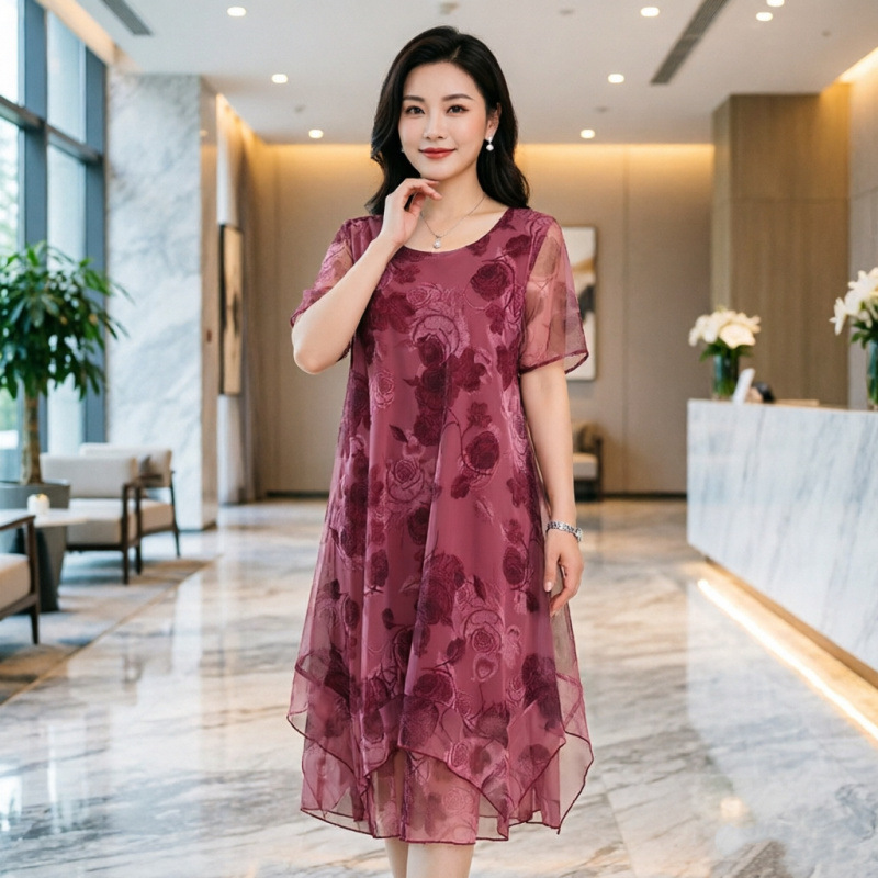 Plus-Size Short-Sleeve Dress for Chubby Women, Loose and Slimming, Stylish Mom Dress with Floral Mesh Plus-Size Short-Sleeve Dress for Chubby Women, Loose and Slimming, Stylish Mom Dress with Floral Mesh