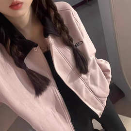 【 麂皮绒+内衬】粉色温暖绒翻领拉链夹克外套女秋冬款宽松休闲服