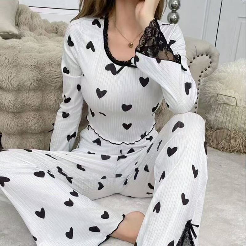 欧美跨境热销家居服卷边爱心圆领长袖睡衣女可外穿长裤两件套套装|undefined