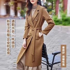 薄款长款毛呢大衣外套过膝通勤双排扣时尚女装呢子风衣职业装外套