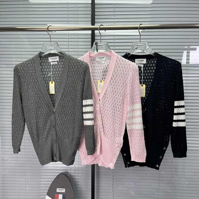 Factory Direct Sale Tb Women's Summer Hollow-Out Four-Bar Stripe Casual Versatile Knitted V-Neck Pure Cotton Long-Sleeve Cardigan