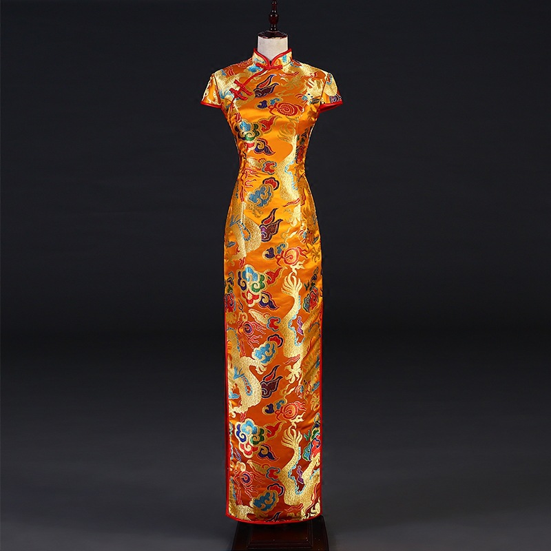 Chinoiserie Improved Cheongsam Evening Dress 2025 New Women's Long Performance Clothing Chinoiserie Dragon Robe Catwalk Cheongsam Brocade
