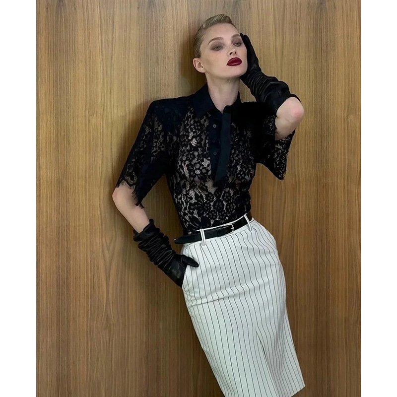 Elegant Sister Light Luxury Short Sleeve Versatile Lace Semi-Sheer Shirt Slim Fit Front Slit Striped Bodycon Midi Skirt Set