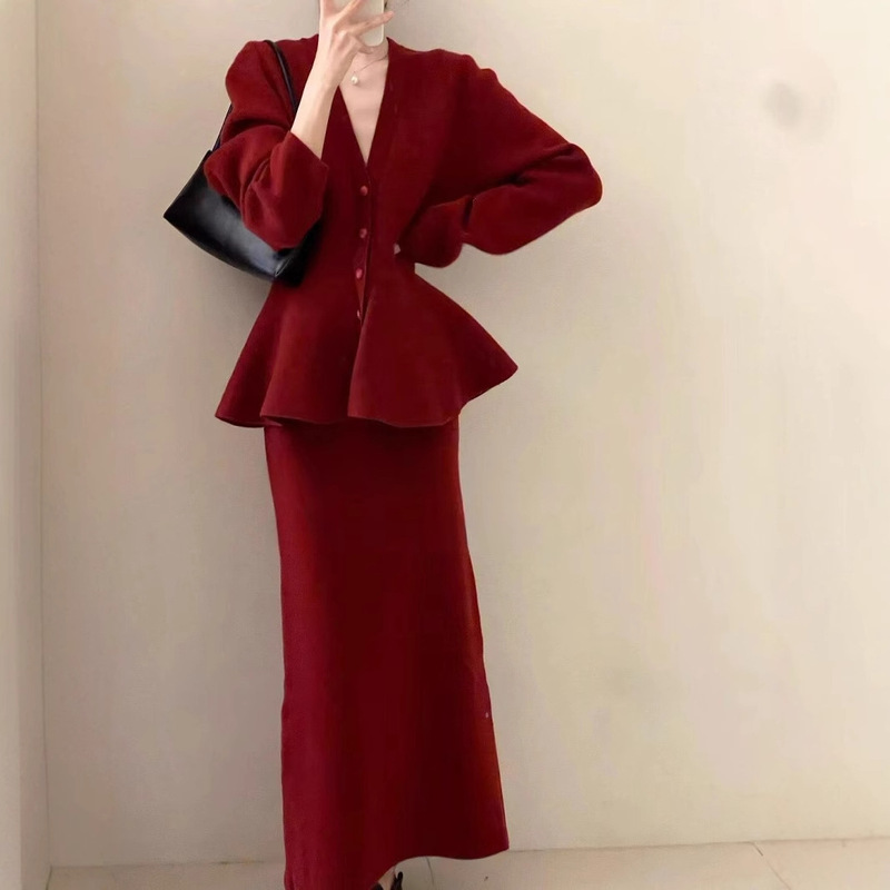 Red Engagement Dress Toast Wear Bride New Chinese Style National Style Skirt Two-Piece Suit 2025 New Women's Clothing Autumn and Winter