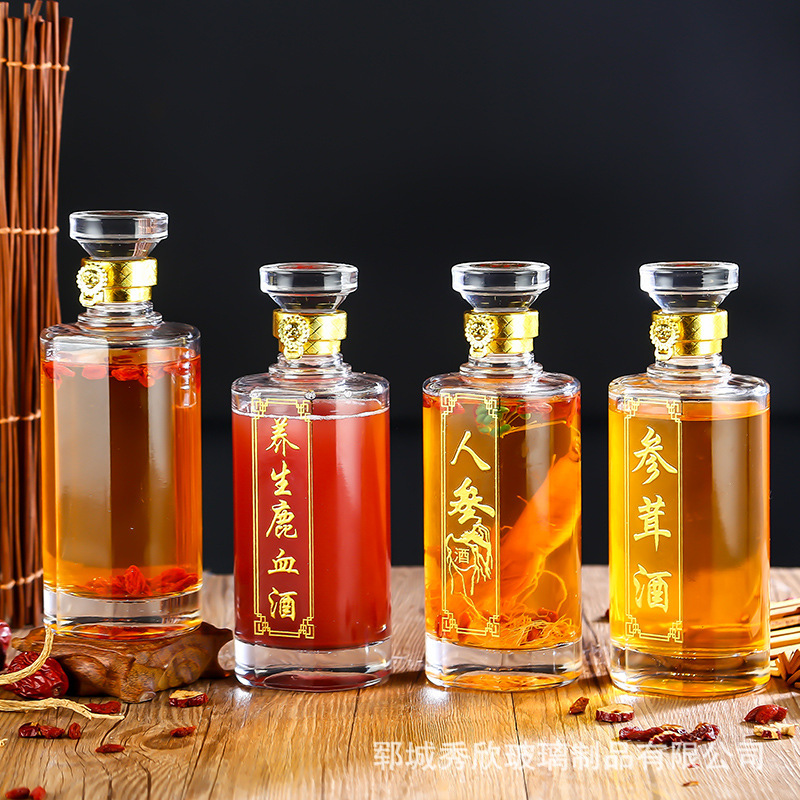 500ml加厚玻璃白酒瓶烤花酒瓶切面圆柱人参泡酒瓶配套水晶玻璃盖