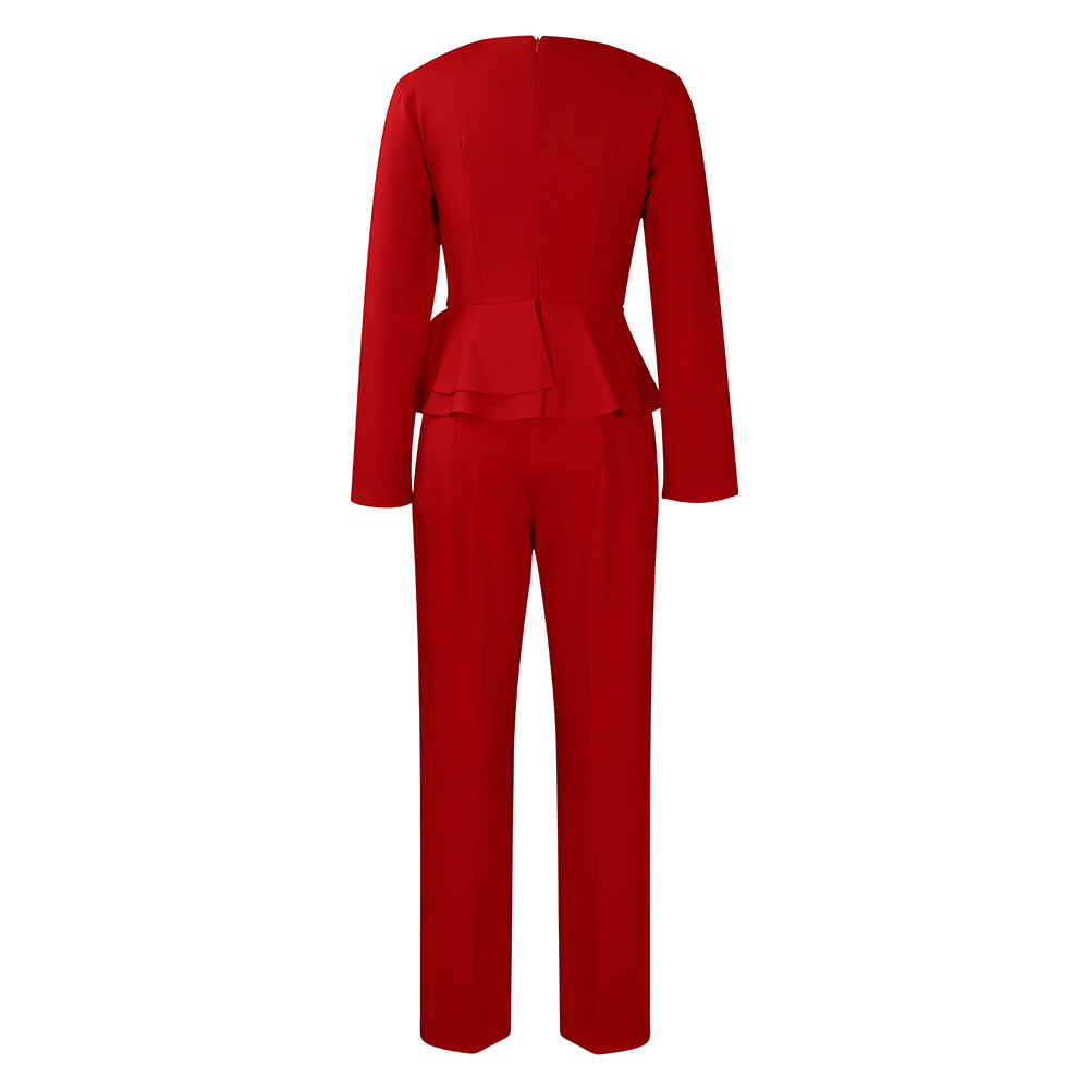 Autumn and winter women's new long-sleeved elegant temperament OL ruffled V-neck tops and pants two-piece set_voghion.com