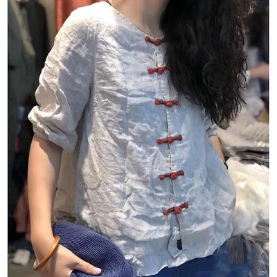 2021 Large Ethnic style Retro manual around frog Short sleeved shirt Pure linen T-shirts Cardigan 52013