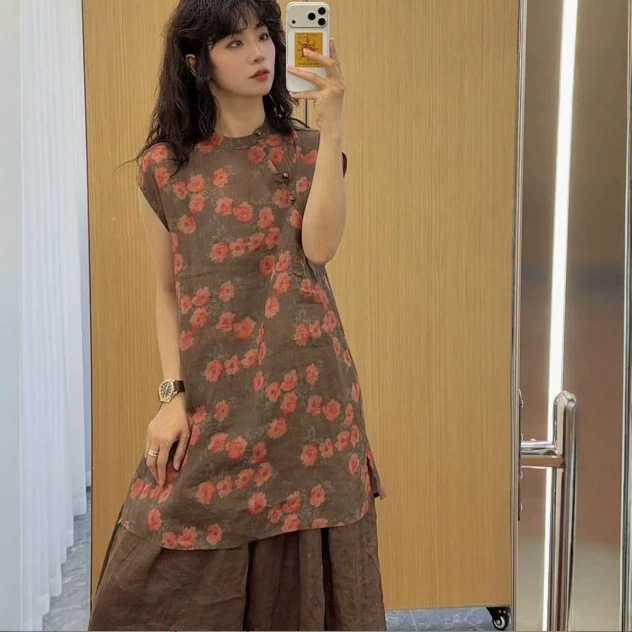 2026 Summer New Vintage Stand Collar Diagonal Placket Glass Button Digital Print Mid-Length Pure Ramie Robe for Women 2026 Summer New Vintage Stand Collar Diagonal Placket Glass Button Digital Print Mid-Length Pure Ramie Robe for Women