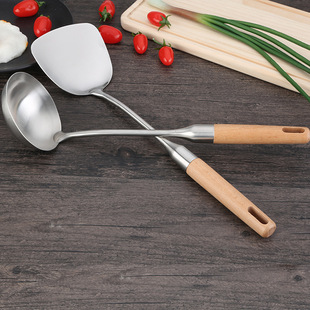 8mm thick wooden handle shovel spoon boutique elevator 201 non-magnetic stainless steel cooking thick wooden handle deep shovel deep spoon batch