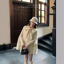 2025杨小卷 富家千金风斗篷大衣蝴蝶结白色双面呢毛呢外套秋冬