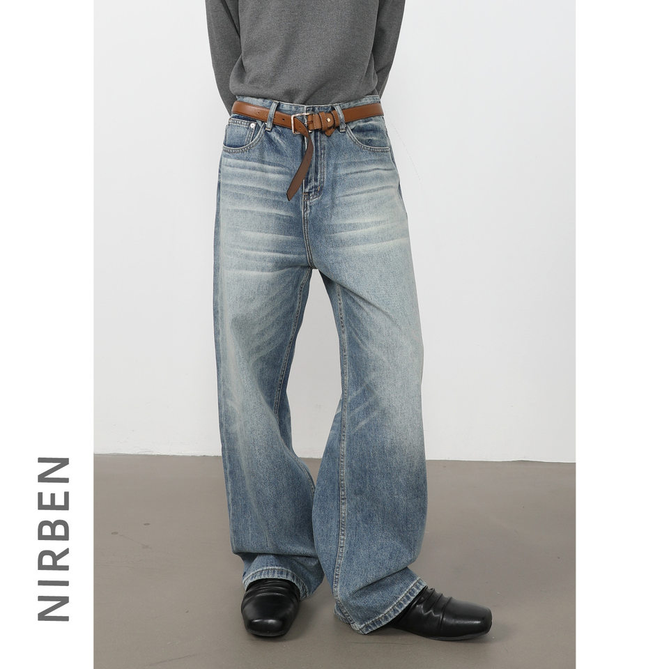 Quần jeans nam ống rộng lưng giữa, dáng suông thoải mái, chất denim washed — màu xanh, màu xanh nhạt, màu xám đen