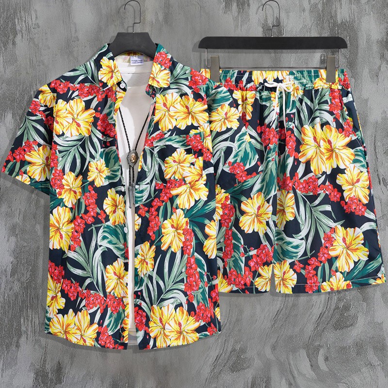 Casual suit Men's Quick-drying Hawaii Beach suit Men's Short-sleeved Floral Shirt Beach Shorts Couple's Two-piece Set