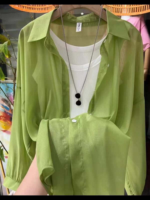 Tiktok same style new fashion all-match top Pearl yarn sun protection clothing lantern sleeve shirt high-grade mid-length women's shirt