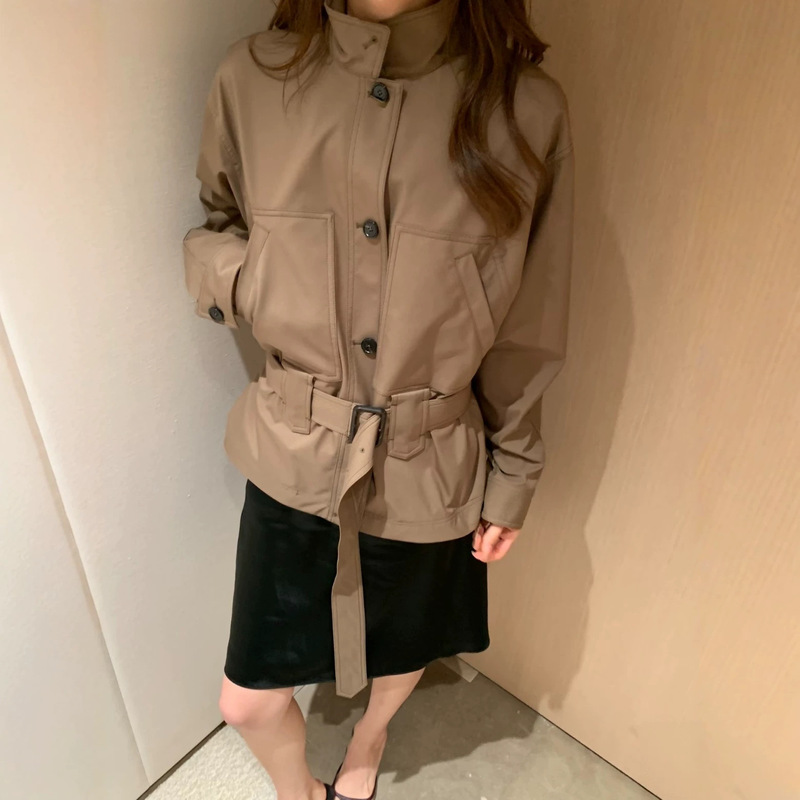 [in Stock] Lp Nanyou High-End Version Deep Brown Waist-Cinched Single-Breasted Trench Coat with High-End Stand Collar Casual Jacket