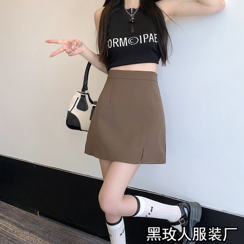 College-style anti-exposure slit A-line skirt for edgy girls: Autumn sheath demi-skirt with high waist, a niche design for women