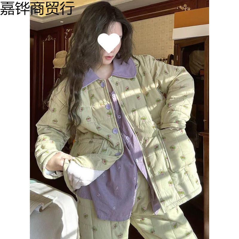 신상품 가을 겨울 3겹 두꺼운 따뜻한 면 파자마 여성 산호 양털 꽃무늬 홈 의류 정장 겨울