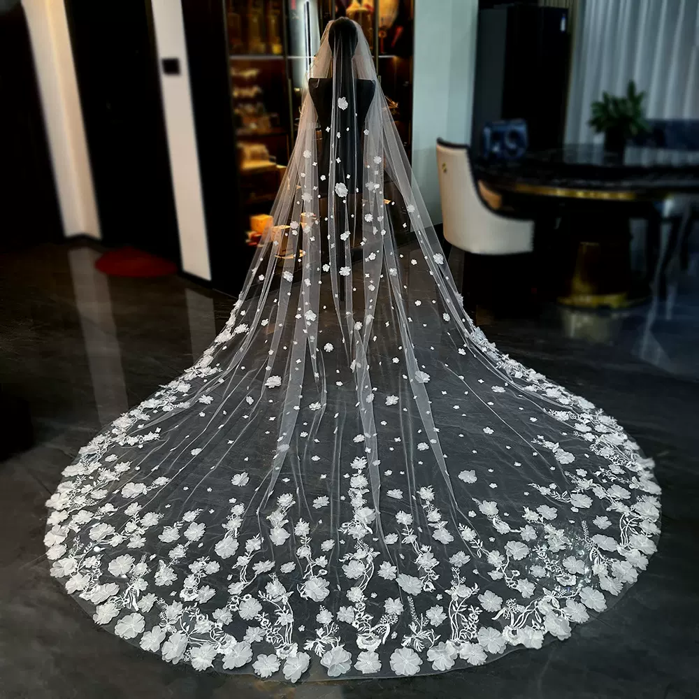 2025秋季新品新娘结婚主婚纱头纱超仙森系手工绢纱花朵头纱配饰