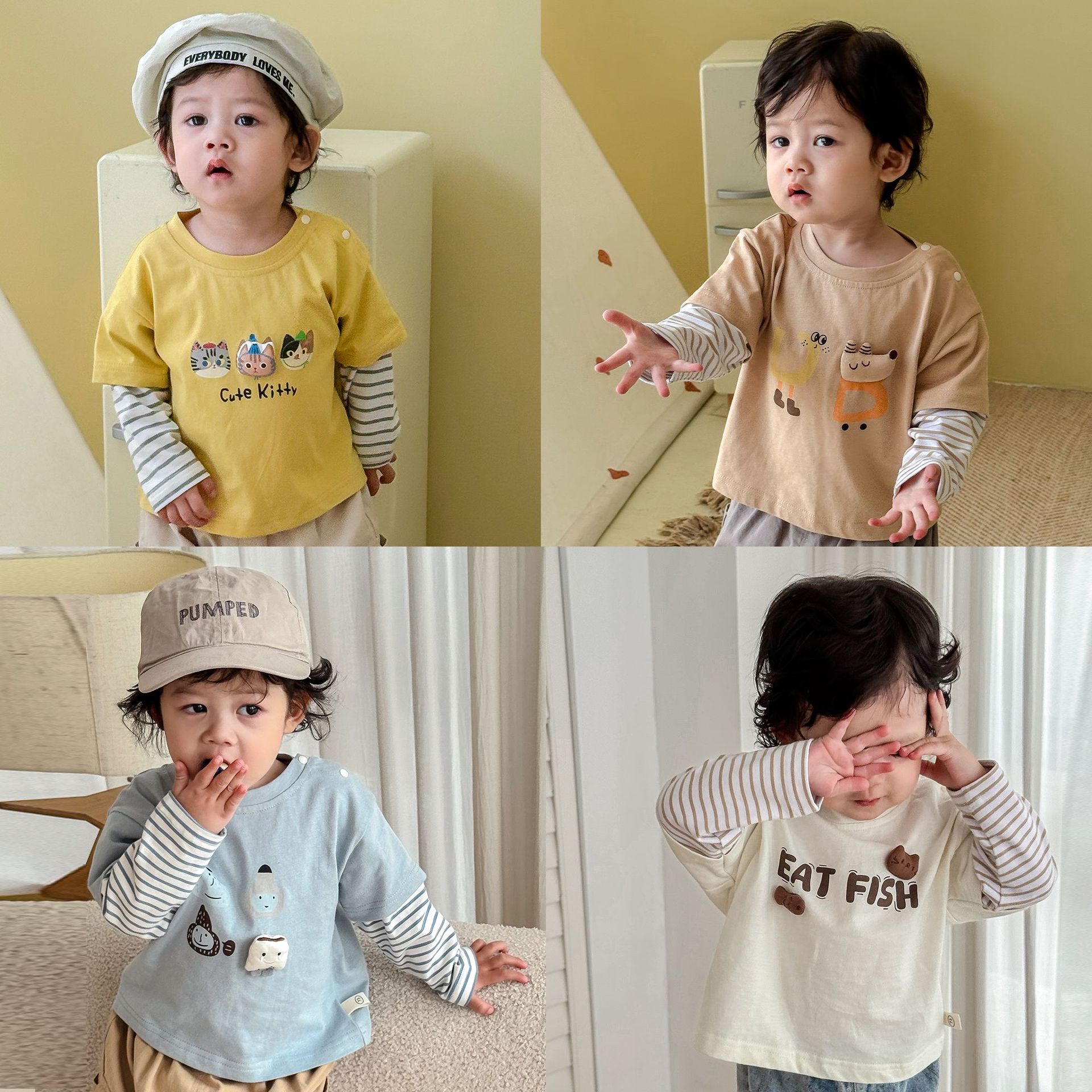 儿童假两件T恤2025新款秋季男童时尚卡通玩偶打底衫宝宝韩版秋装