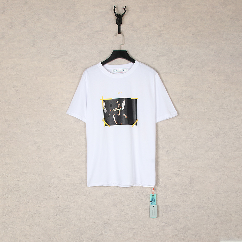 [Código europeo] versión correcta de impresión de acuarela splash tinta gradiente flecha graffiti ow marca de moda de manga corta pareja camiseta