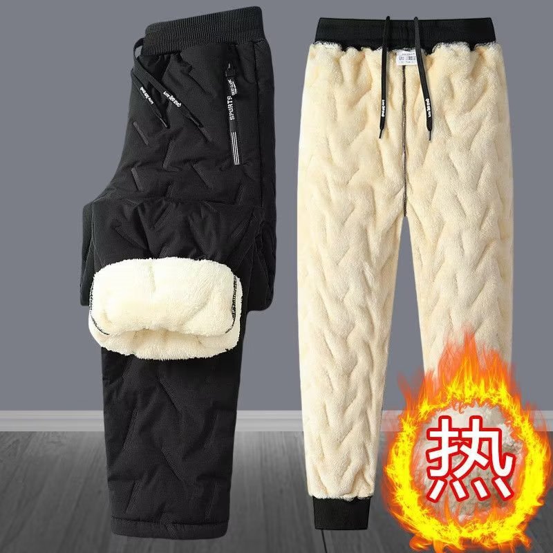 fleece-lined Thickened Men's Pants Winter Lamb Fleece Straight Casual Pants Warm Windproof Waterproof Snow Trousers