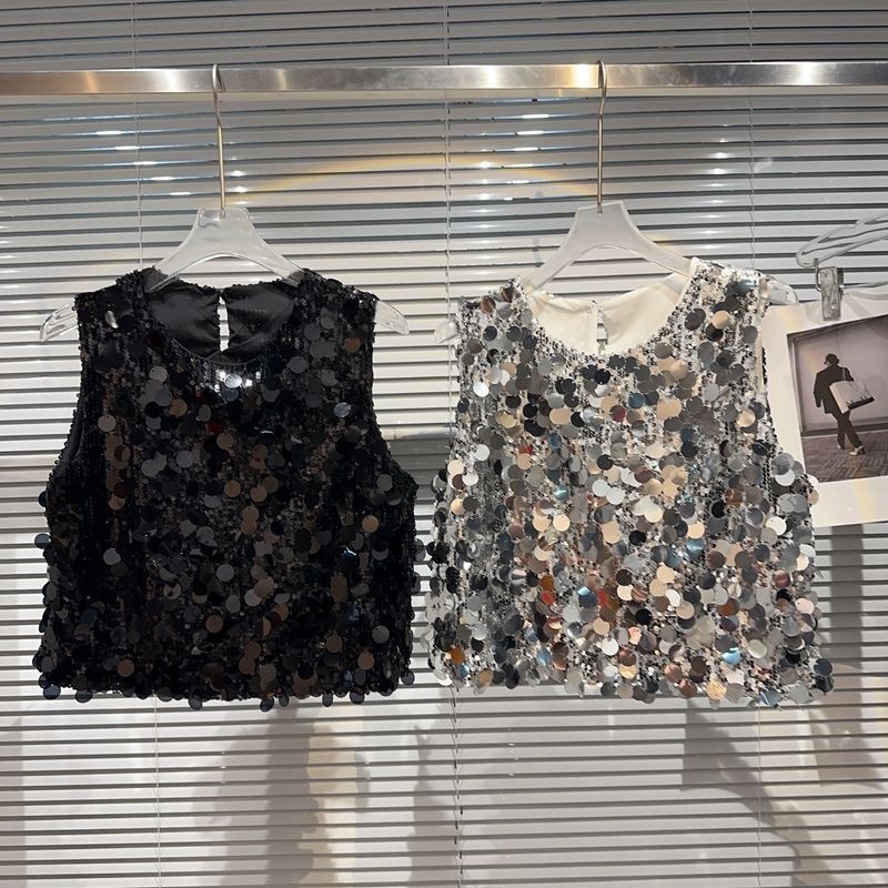 Girls' Vest 2026 Summer New Style Shiny All-Over Sequins European and American Style Fashion Heavy-Duty Loose Vest T-Shirt