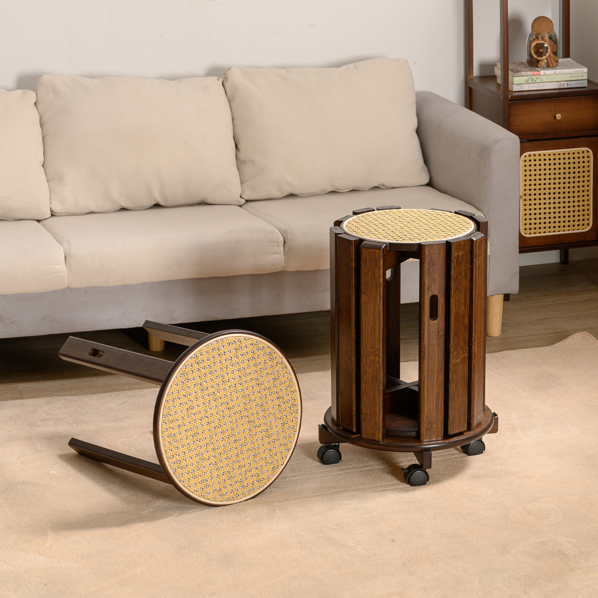 Banco de madera maciza taburete doméstico taburete bajo taburete redondo sala de estar madera de ratán se puede almacenar taburete de molino de viento apilado casual adulto