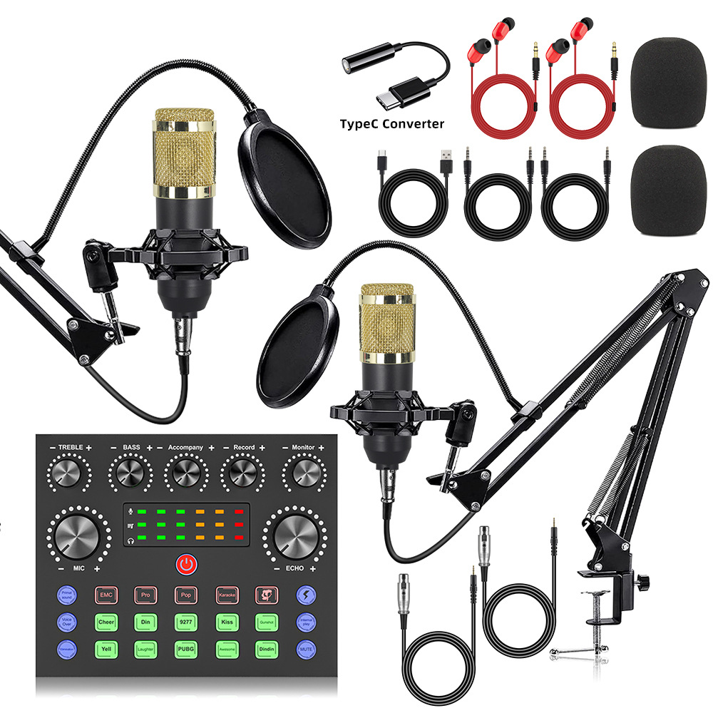 BM800 micrófono micrófono inglés computadora grabación USB teléfono móvil tarjeta de sonido transmisión en vivo v8s equipo completo de podcast