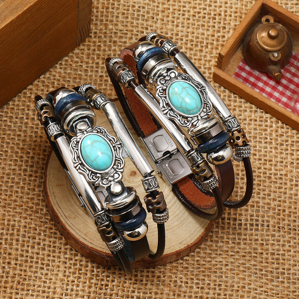 Cross-border retro artistic style men's personality simple turquoise stainless steel leather bracelet European and American geometric style jewelry