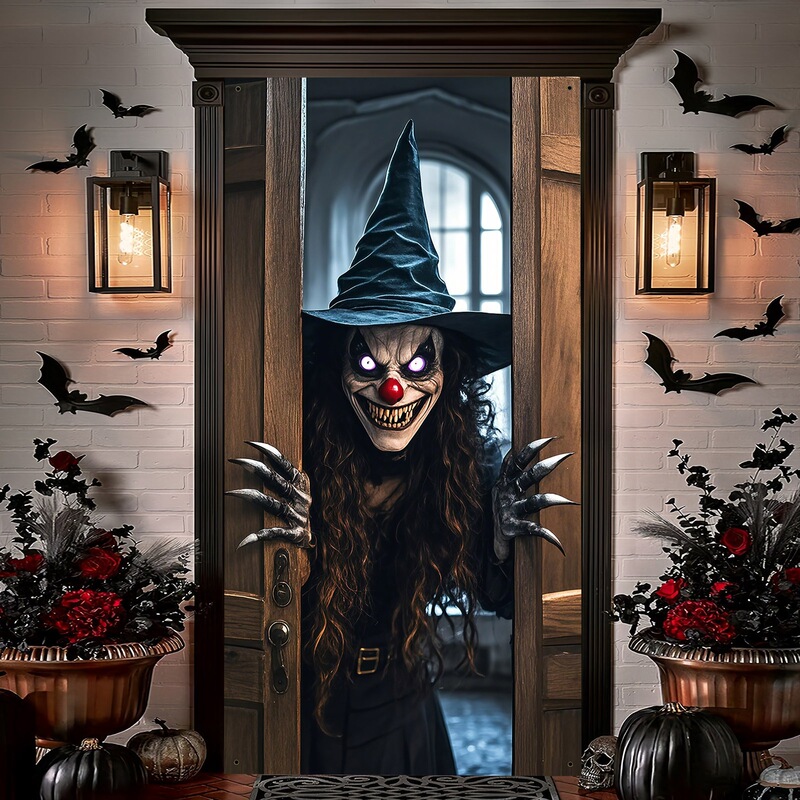Cross-Border Halloween Door Curtain Decorations Halloween Backdrop Banner Horror Atmosphere Decoration Witch Skull Door Cover