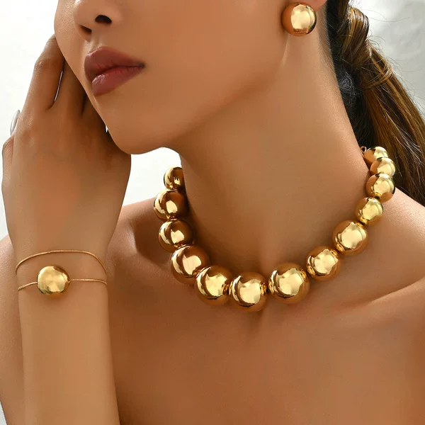 Fashion OL European and American commuter style geometric bracelet necklace earrings suit niche light luxury ball design jewelry suit