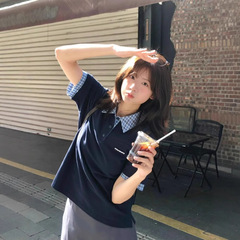 韓国レトロフェイクツーピースショルダー半袖Tシャツレディースパッチワークチェック柄ポロシャツ夏ルーズカレッジスタイルトップ