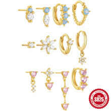 S925纯银几何爱心花朵镶钻耳圈耳钉耳饰套装欧美热销气质小众耳环