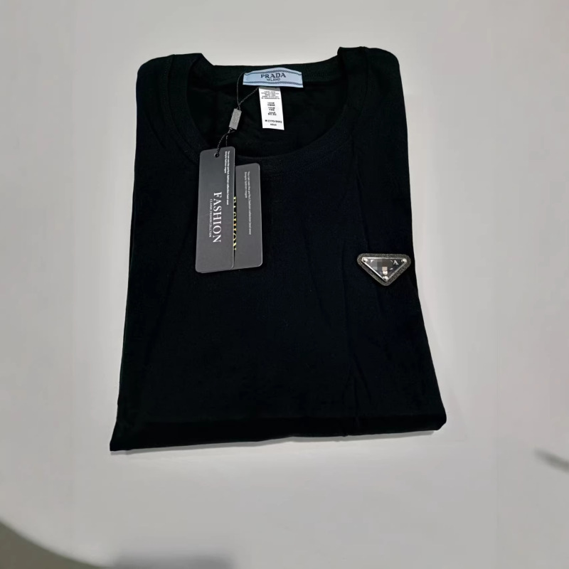New Round-Neck Loose-Fitting P-Brand Black Metal Triangle Logo Versatile Plus-Size Short-Sleeve T-Shirt