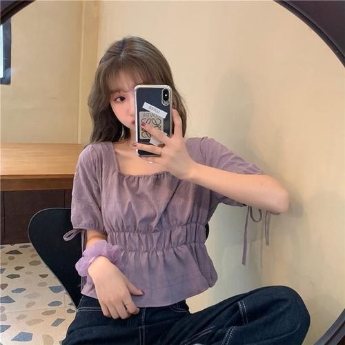 Women's Short-sleeve Collared Puff Sleeve Short Top, Design-focused, Unconventional Korean Version Babydoll Shirt for Summer