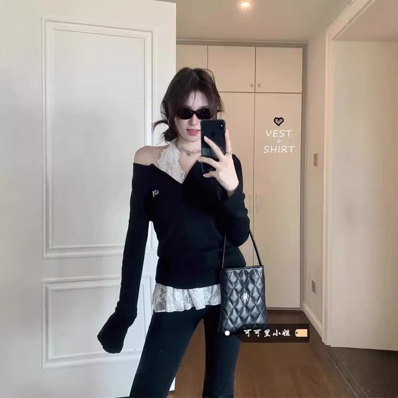 Ms. Cocoa Spicy Embroidered Long-sleeved Knitted Sweater Women's Early Autumn Slim Elegant Stacked Black Top with Design Sense