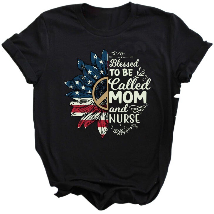 European and American Foreign Trade National Flag Sunflower Mama Nurse Letter T-Shirt Short-Sleeve Printed Pattern Fashion Women's Top