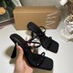 New 2024 Summer Slim Heels Black High Heels Square Head with Water Diamond Open Toe Back Strap Sandals Women's Shoes