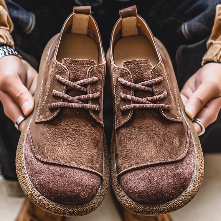 2025 Men's Shoes Autum New Casual Shoes Wide Toe Retro Low-Cut Lace-Up Trendyy Versatile Soft Leather Soft-Soled Boots