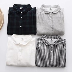 60111初秋新品复古小翻领双层棉纱长袖女式衬衫 格子文艺打底衬衣