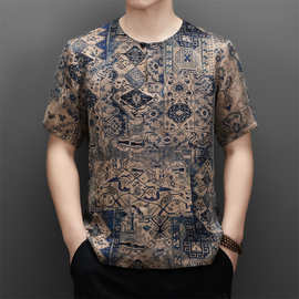 男士夏季新款真丝香云纱圆领短袖T恤中年宽松休闲复古100%桑蚕丝