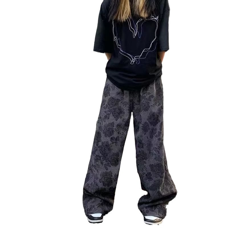 Pantalones de primavera de los hombres nuevos pantalones casuales de flores retro americanos sueltos de cintura alta Pantalones rectos que adelgazan pantalones de pierna ancha moda